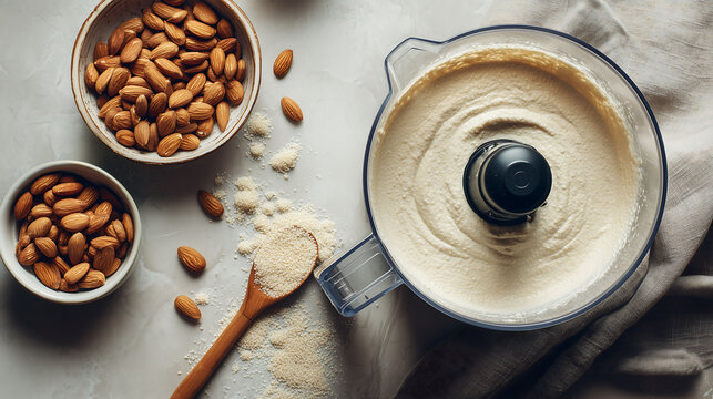 Top view of almonds and almond meal in a food processor, blending into smooth paste, illustrating homemade almond butter or milk preparation with natural ingredients
