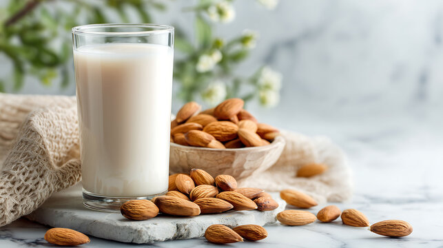 Glass of almond milk with whole almonds on a marble surface, a plant-based dairy alternative rich in nutrients, perfect for healthy and vegan lifestyles