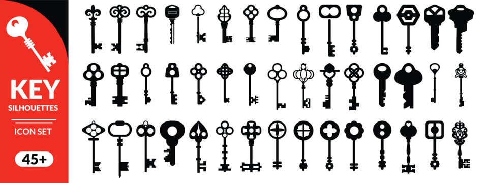 Antique key silhouettes. Medieval and modern keys, black vintage shapes set. Open door symbols, privacy and escape. Abstract tidy vector elements