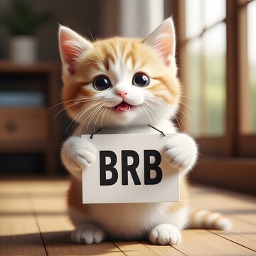 Adorable Ginger Kitten Posing with a 'BRB' Sign, Signaling a Playful Pause