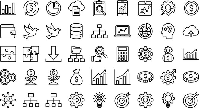 Business finance and analytics line icon set with growth chart money strategy investment symbols minimal outline vector illustration
