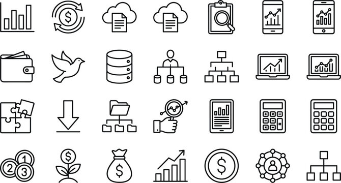 Business finance and data analytics line icon set with growth chart investment money management symbols minimal outline vector