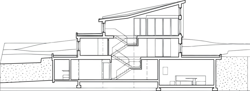 Architectural cross section drawing of a modern house with staircase isolated on transparent background