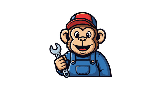 Monkey in Overalls Holding Adjustable Wrench.