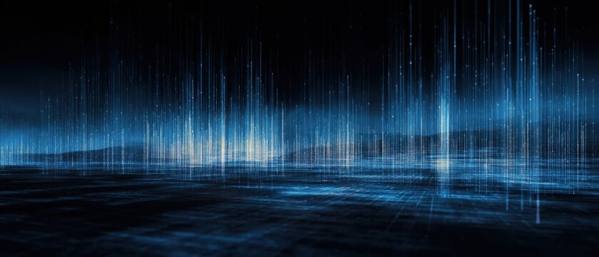 The Digital Data Stream Skyline Illuminated by Blue Futuristic Light and Reflection