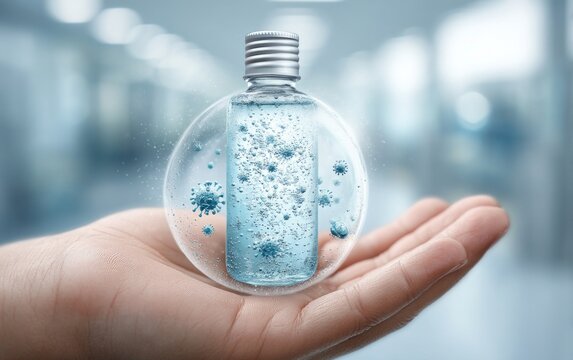 Hand Holding Protective Bottle of Sanitizer in Bubble