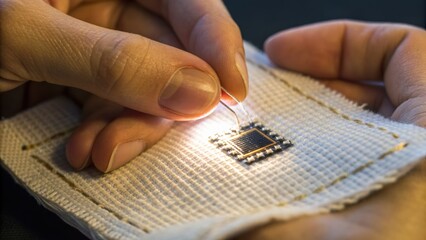 Close-up of hands sewing a small electronic microchip onto fabric, illustrating wearable technology integration in textiles.