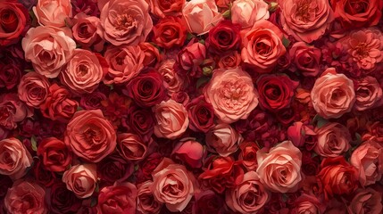 Small red orange and pastel pink roses covering entire frame forming colorful floral background for greeting cards wedding invitations textile print wallpaper and decorative packaging design