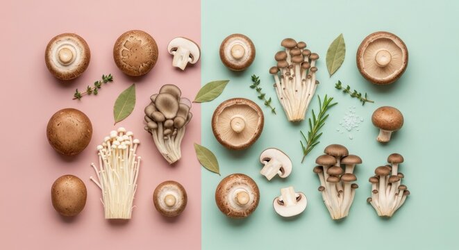 Variety of fresh mushrooms with herbs arranged on colorful background
