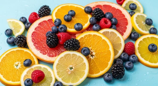 Vibrant arrangement of fresh citrus fruits and berries on a colorful surface