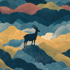 Fototapeta premium silhouette of a black goat on top of a mountain seamless pattern
