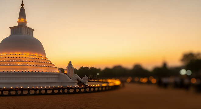 Anuradhapura Temple Ritual, serene sunrise gradient from ivory to golden amber, sacred Sri Lankan stupa glowing with prayer lamps