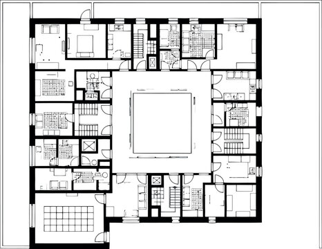 Black and white architectural floor plan isolated on transparent background