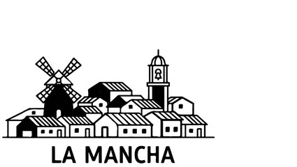 Naklejka premium Stylized village scene with windmill and bell tower
