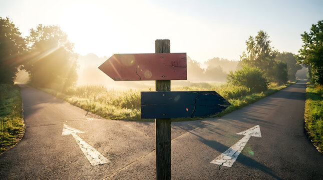 Signpost on road with three directional arrows, suggesting choices in life, leading different ways with sunlight
