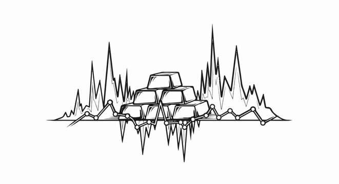 Stack of gold bars amidst fluctuating financial market graphs