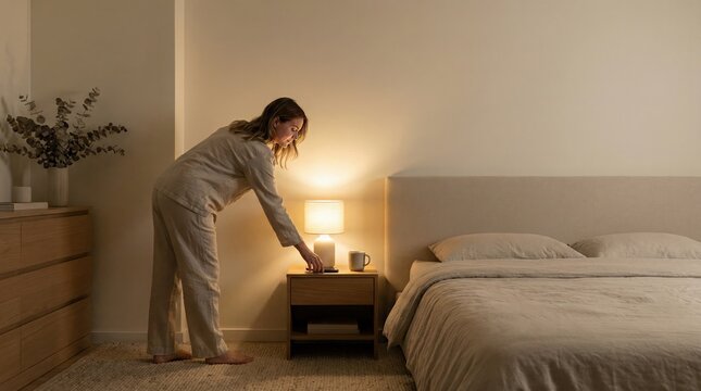 Woman turning off bedside lamp in bedroom before sleep, calm evening routine and cozy home lifestyle.