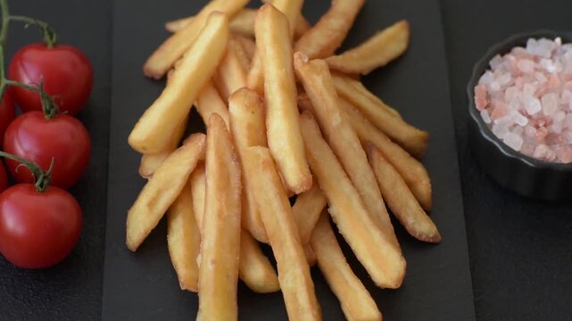 French fries, a salty, crispy, homemade snack with spices. French fries as a food background for your design