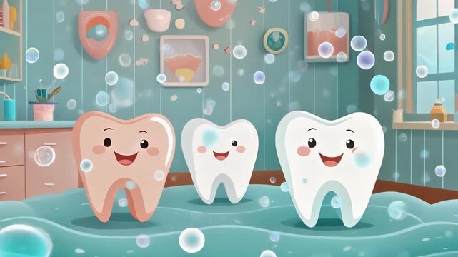 Three cartoon teeth smiling in a bathroom with blue bubbles and water
