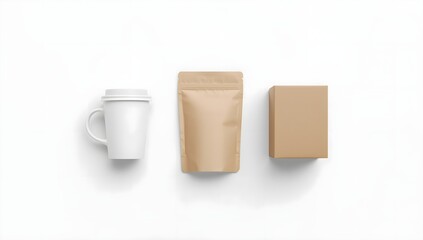 Top down flat lay of blank white paper cup brown pouch and box mockup on white background