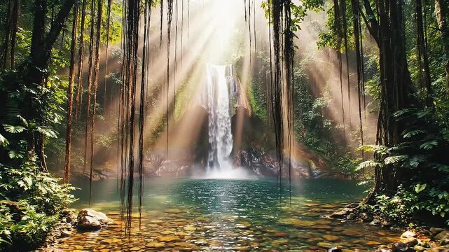 Lush Tropical Waterfall with Sun Beams Through Dense Green Foliage