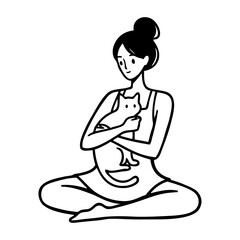 Dibujo sencillo con líneas de una mujer sentada, con ropa informal, abrazando a un cachorro de gato  © teracreonte