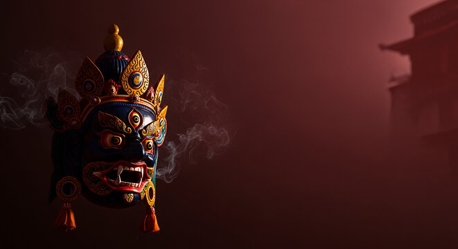 Hemis Festival, deep maroon gradient with ceremonial mask glowing dramatically on the left 