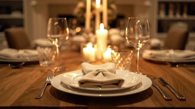 This video features Family Dinner Setup &ndash; Empty table arrangement, warm light, highlighting home interior lifestyle, hospitality ambiance and cozy gathering preparation concept for seasonal and
