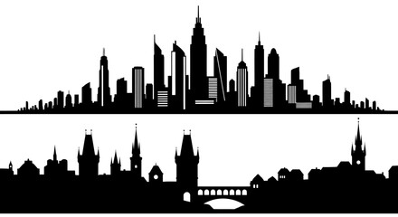 Obraz premium Black and White Skyline Silhouettes of Modern and Historic Cityscapes