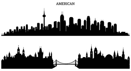 American City Skyline Silhouette, Urban Architecture, Black and White Vector Art