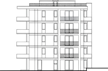 Architectural drawing of a multi story building with balconies isolated on transparent background