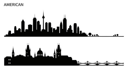 Obraz premium Black White Silhouette of American Skyscrapers and European Cityscape