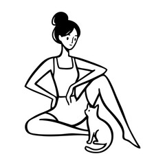 Dibujo sencillo con líneas de una mujer sentada, con ropa informal, con un cachorro de gato  © teracreonte