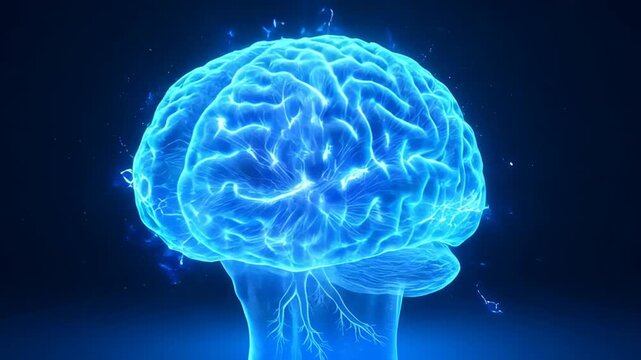 Human brain with electrical impulses, neurological activity, brain function and intelligence displayed, for science, technology or medical applications