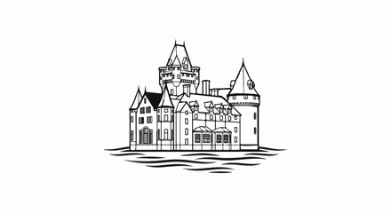 Fototapeta premium Ornate black and white line art drawing of a large, multi-towered manor on a wavy base