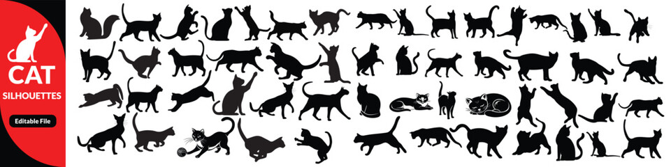 Black cat silhouettes vector illustration, diverse feline poses artwork, decorative animal icons, playful pet design elements, artistic nature inspired graphics, creative feline motif © Designby
