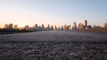 Ground level perspective of a vibrant city skyline at dawn showcasing textured pavement in the foreground under a warm sky