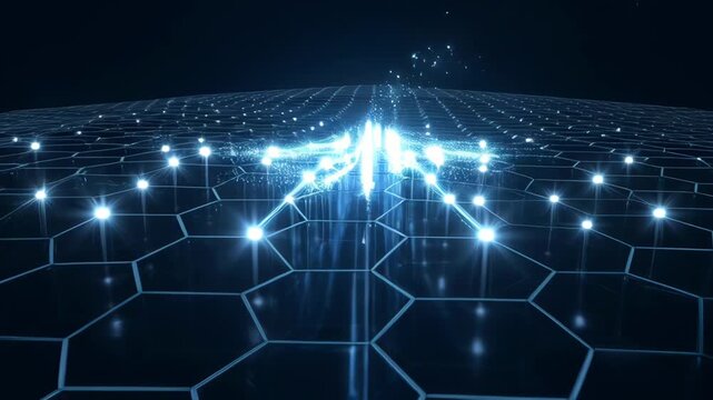 Animated dark background with hexagonal grid pattern and glowing dots forming a wavy abstract surface, futuristic technology concept