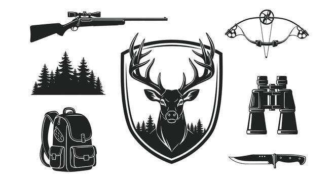 Black  White Hunting Glyphs: Deer, Rifle, Bow, Binoculars, Knife, Backpack Icons Set