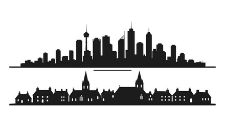 Black Silhouette of City Skyline and Townscape, Urban Landscape, Architecture
