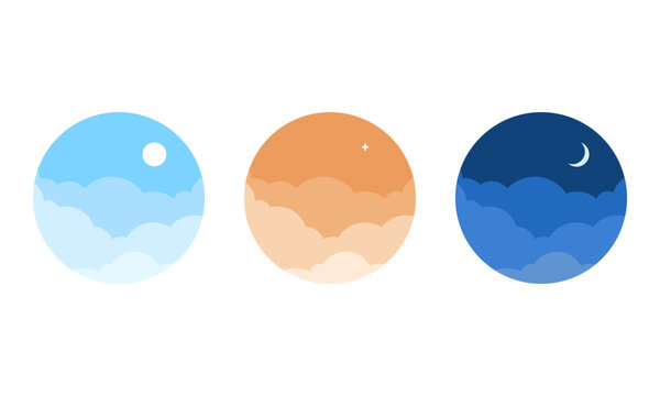 時間帯のシンボルのアイコンセット/昼・夕方・夜/シンプルでフラットな空のイラスト/上空