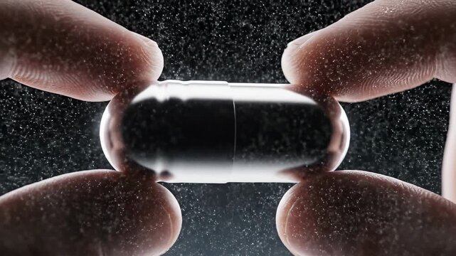 Abstract Dose Precision Visualization interpreted in a refined conceptual approach, a single capsule suspended delicately between two softly lit fingertips emerging from a dark gradient space,