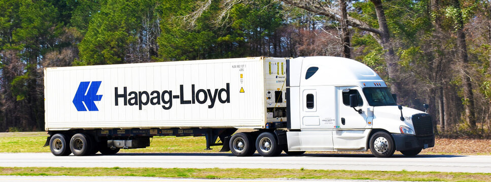 Truck with Hapag-Lloyd container on Interstate 95, North Carolina, USA