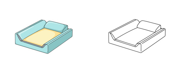 Baby changing pad in flat cartoon and linear styles with blue fabric and yellow center representing nursery equipment for infant care on white background © Dzianis