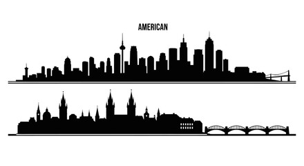Fototapeta premium American Cityscape Silhouette Icons - Black and White Skyline Buildings