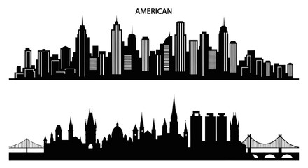 Fototapeta premium American and European City Skylines Silhouettes, Black White Architecture