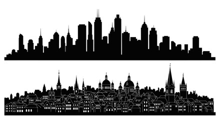 Obraz premium Black and White Silhouettes of Modern City Skyline and Old Town Buildings