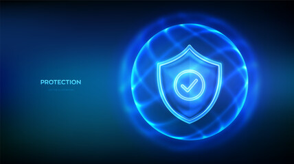 Obraz na płótnie Canvas Protection shield with check mark inside glowing sphere and protective energy field on blue background. Cyber security, network safety, healthcare and insurance technology concept. Vector illustration