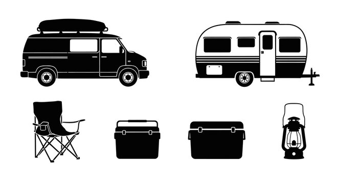 Camping Van Trailer Chair Cooler Lantern Black and White Vector Icons