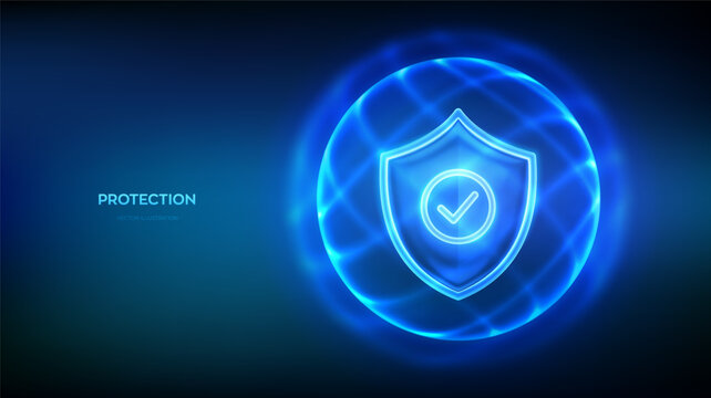 Protection shield with check mark inside glowing sphere and protective energy field on blue background. Cyber security, network safety, healthcare and insurance technology concept. Vector illustration